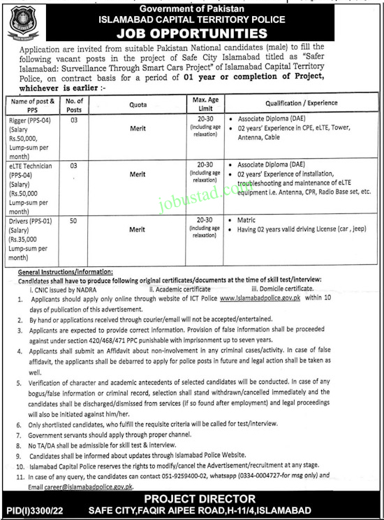 Islamabad Capital Territory Police Jobs 2022 as Rigger (60+ Posts) ICT Advertisement