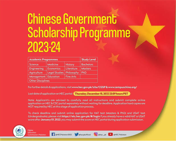 HEC Announces Chinese Government Scholarship Program 2023-24