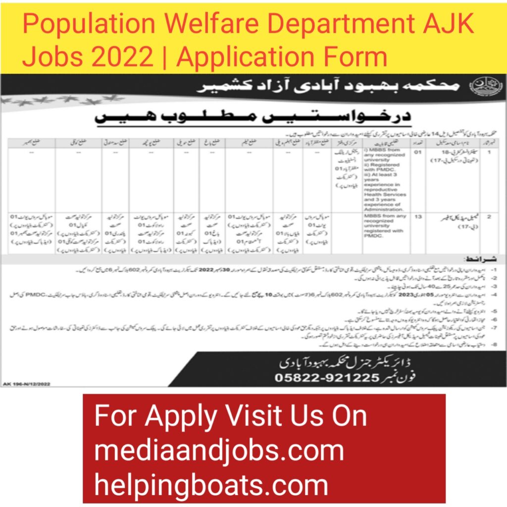 Population Welfare Department AJK Jobs 2022 | Application Form