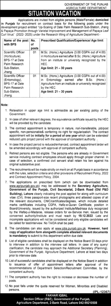 Agriculture Department Punjab Jobs 2022 | Application Form