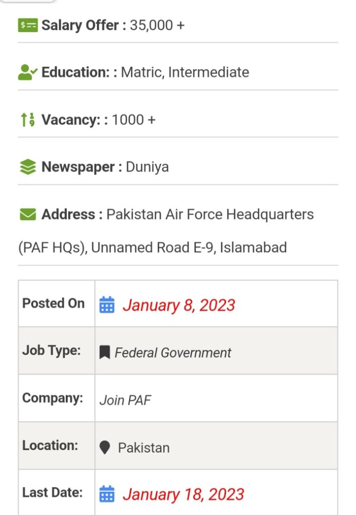 Latest PAF Jobs 2023 | Join Pakistan Air Force Apply Online at www.joinpaf.gov.pk