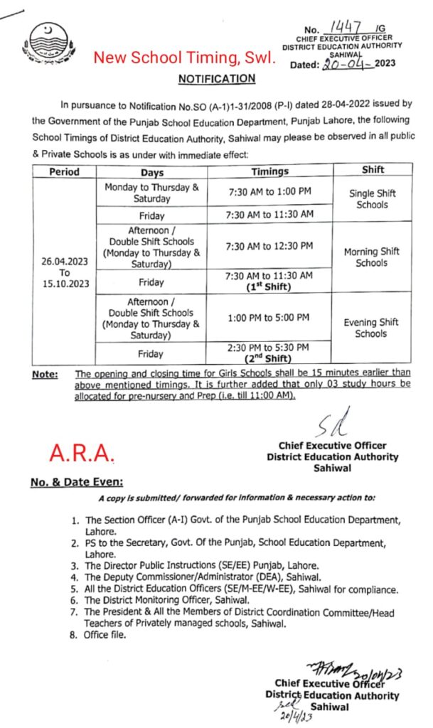 School Timings Across Punjab To Be Changed From April 26th, 2023 - Notification 