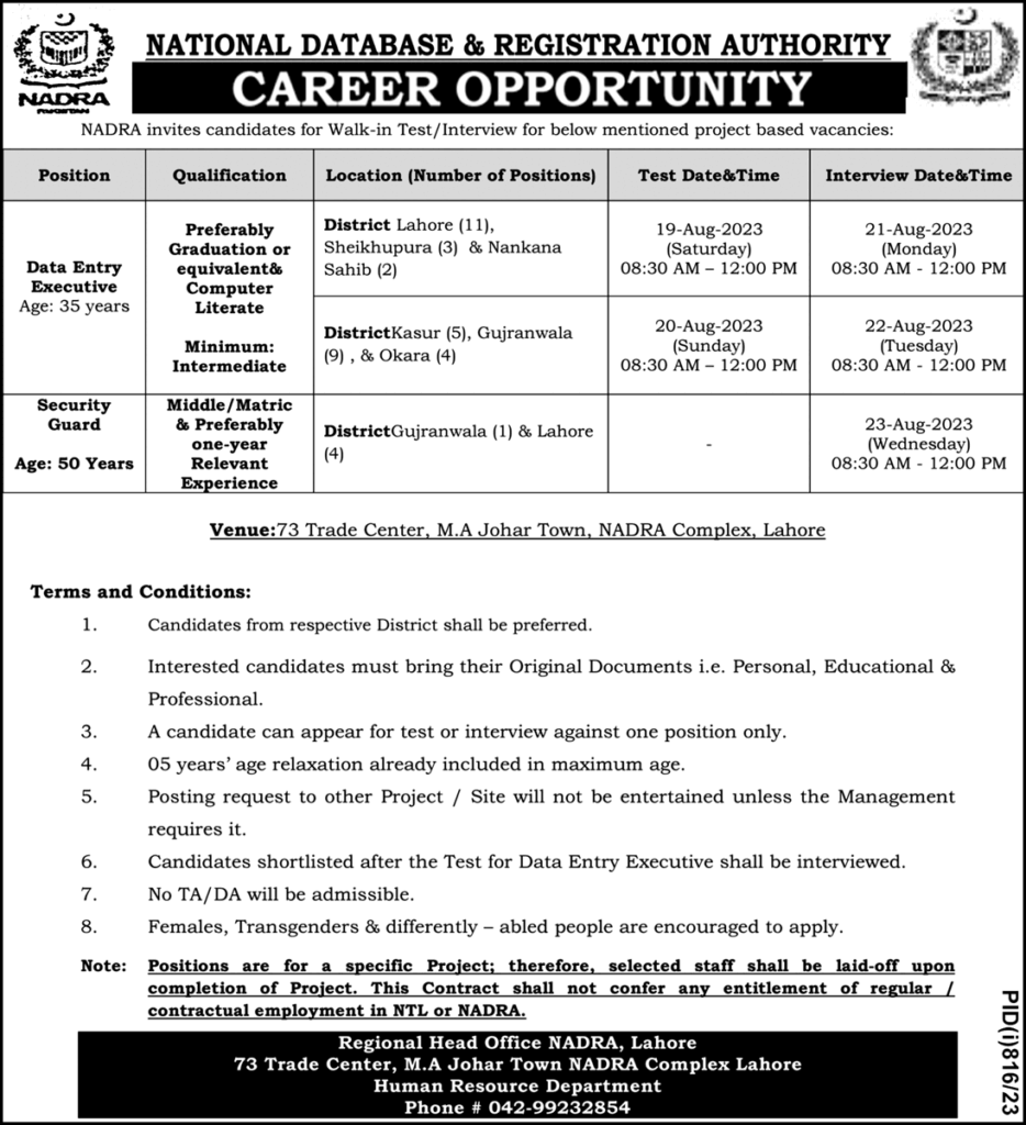 NADRA Jobs in Lahore in 2023