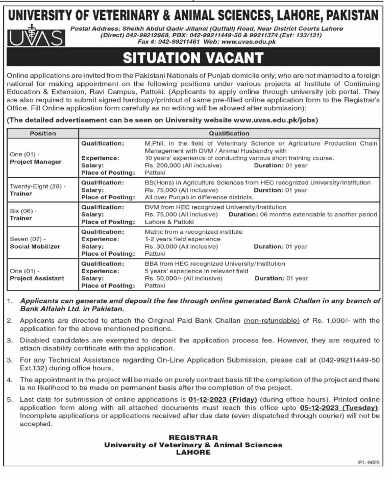 UVAS Jobs Lahore 2023 - Online Apply