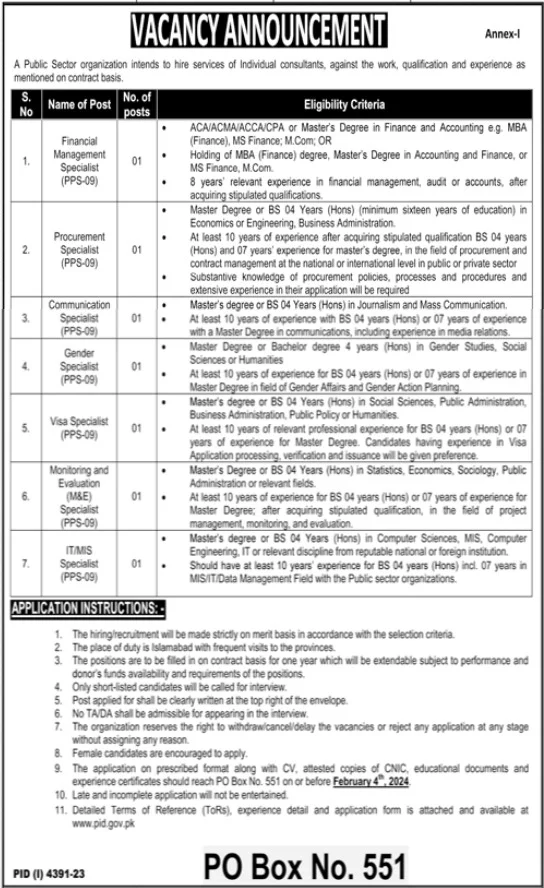 Job Opportunities in Public Sector Organization - January 2024