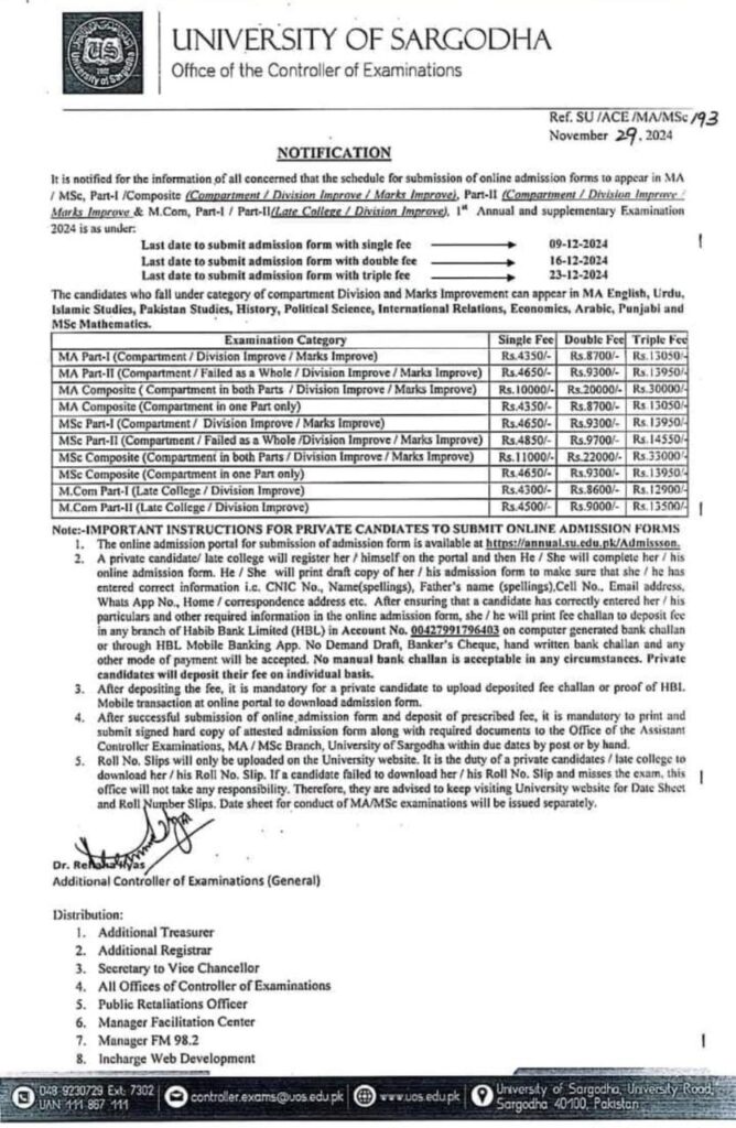 MScM.A Admission Open in Sargodha University