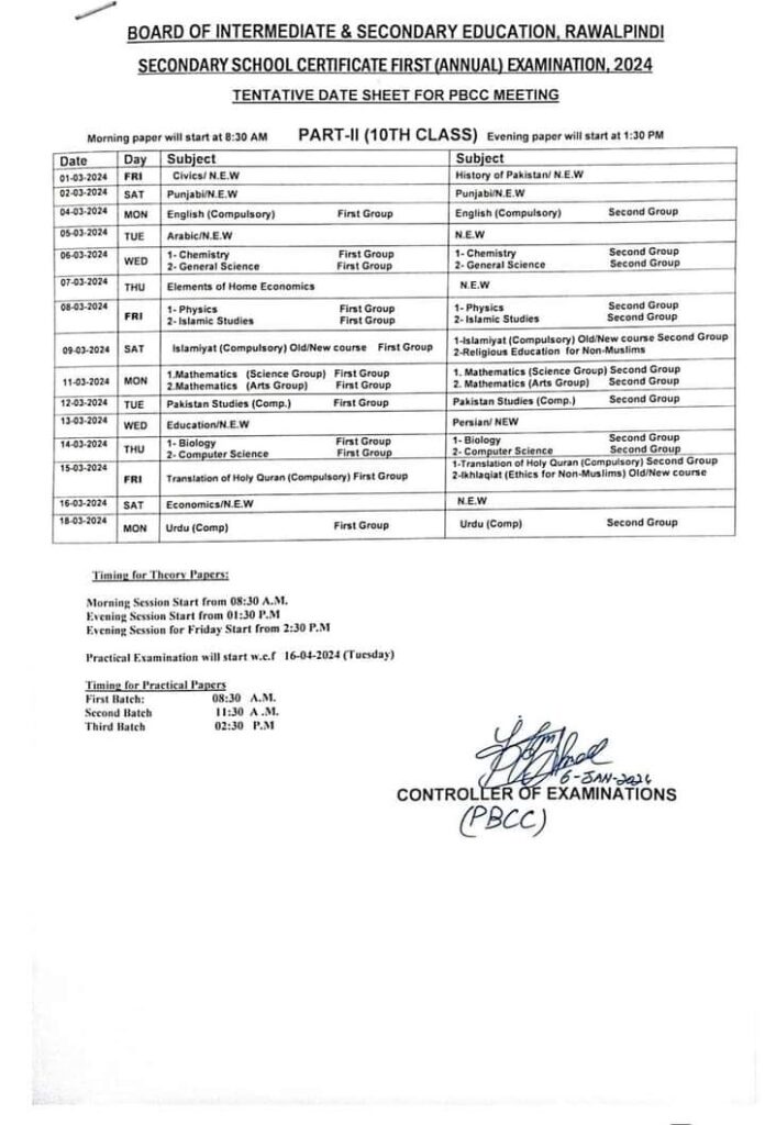 Punjab Board 10th Class Date Sheet 2025 