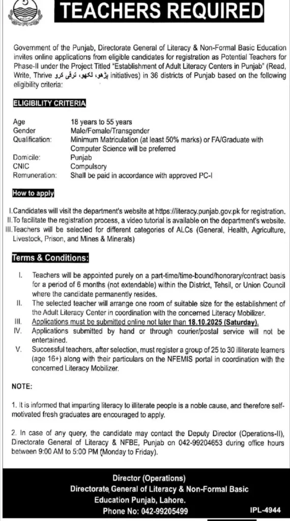 Punjab Teacher Recruitment 2025: Apply as Potential Teachers for Adult Literacy Centers Phase-II