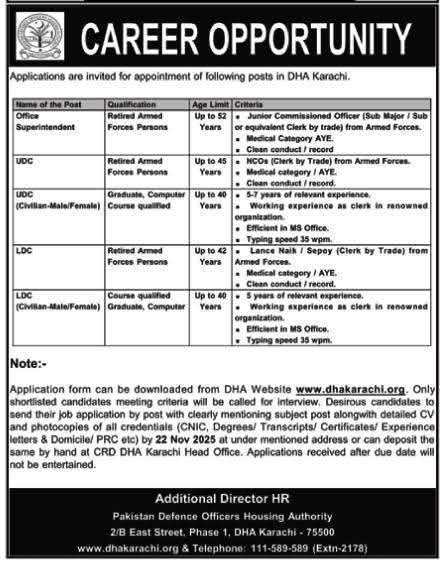DHA Karachi Jobs 2025 Latest Career Opportunities for Clerical Positions