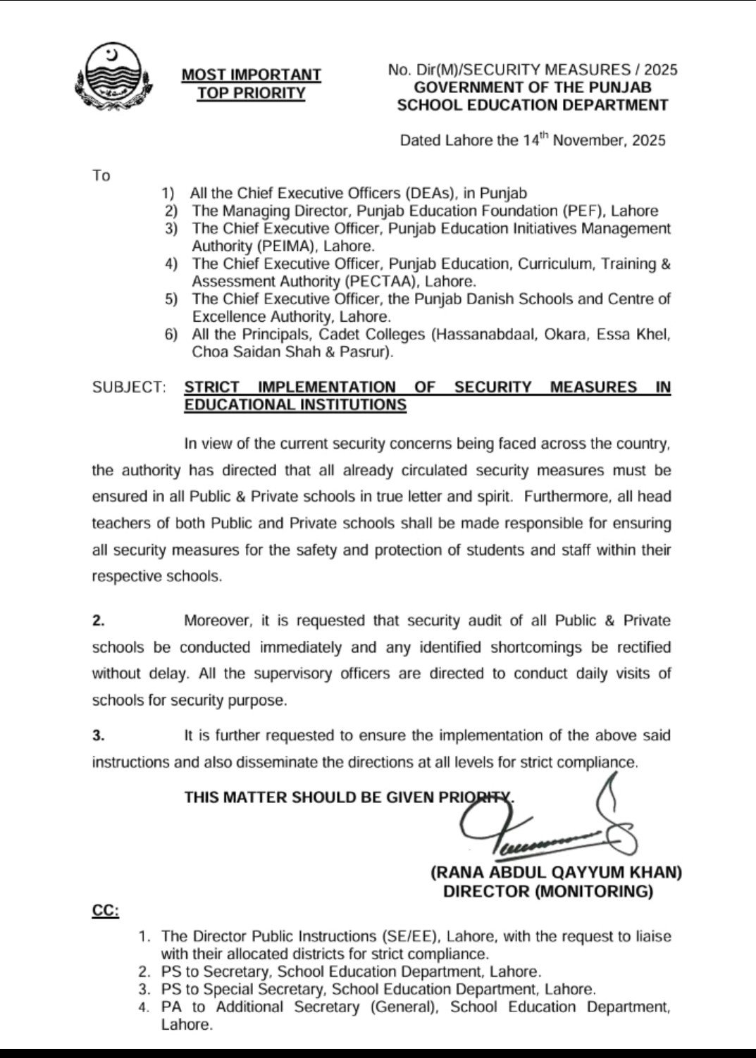 Punjab SED Directive No. Dir(M)/SECURITY MEASURES/2025 Enhancing Safety in Schools and Colleges