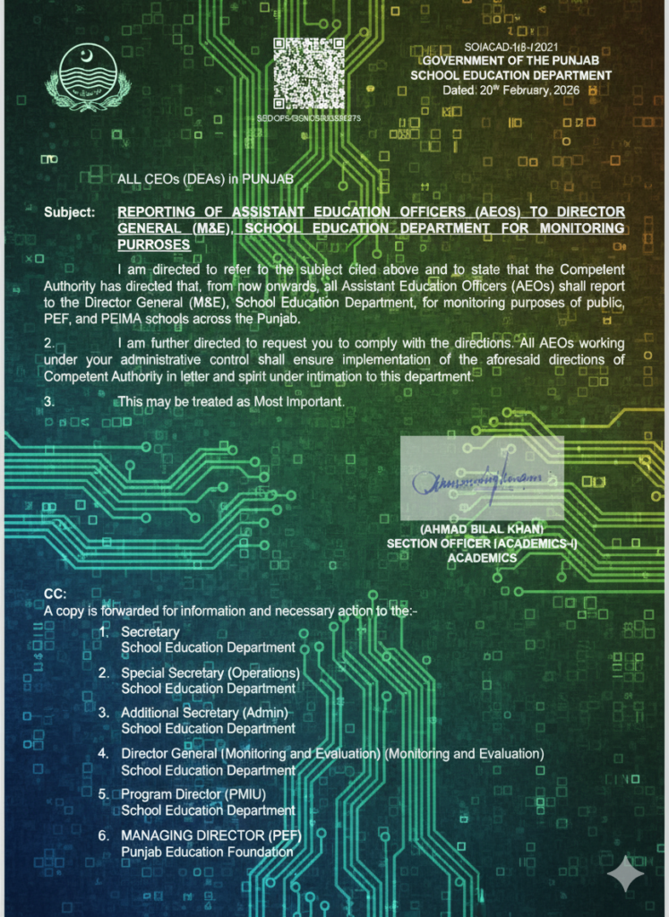 Reporting Of (AEOs) To The Director General SED For Monitoring Purpose 2026 Reporting Of (AEOs) To The Director General SED For Monitoring Purpose 2026