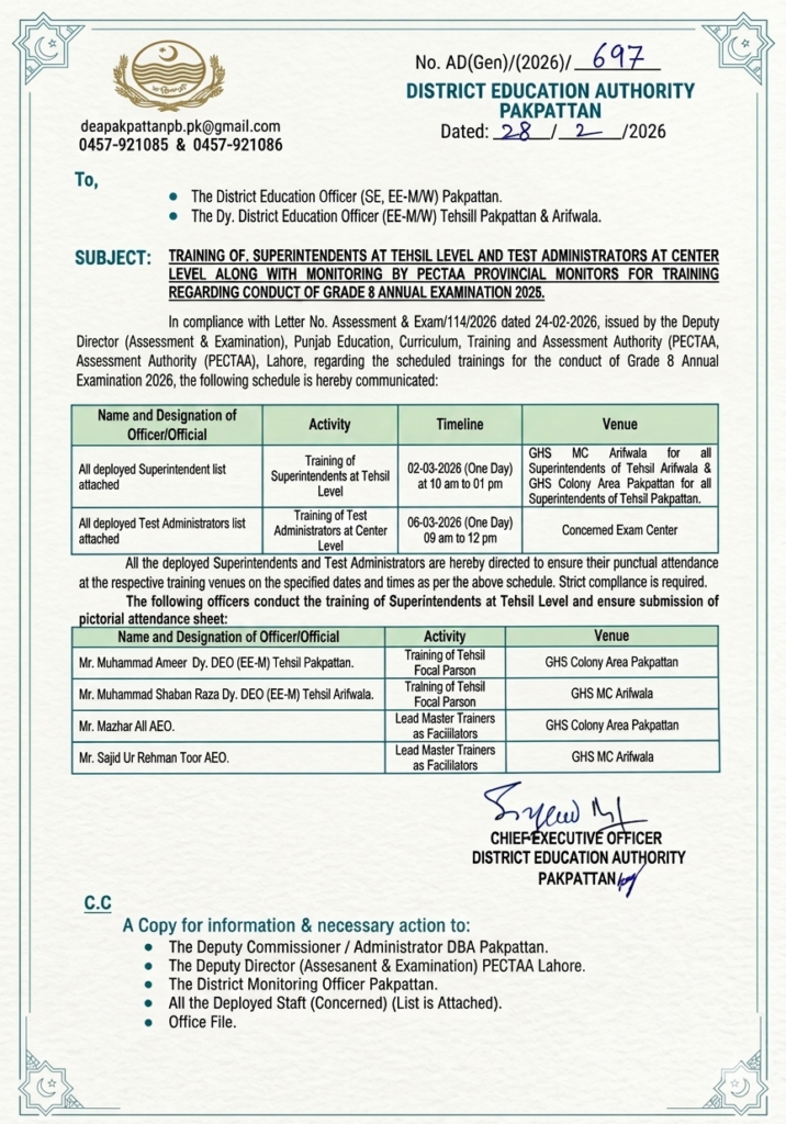 PECTAA Grade 8 Annual Examination 2026 – Training Schedule for Examination Staff in Pakpattan