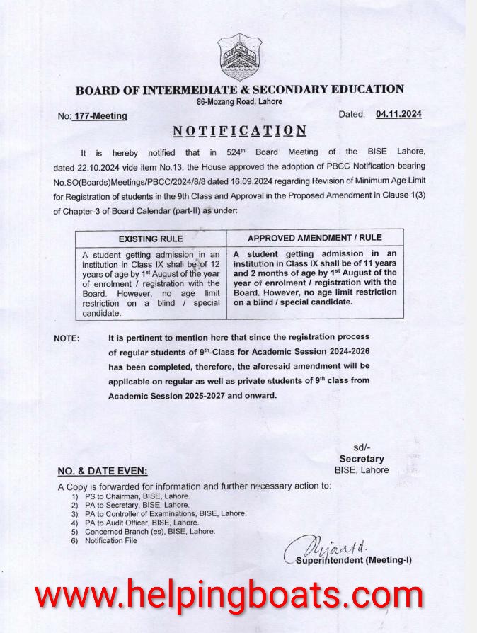 BISE Lahore Revises 9th Age