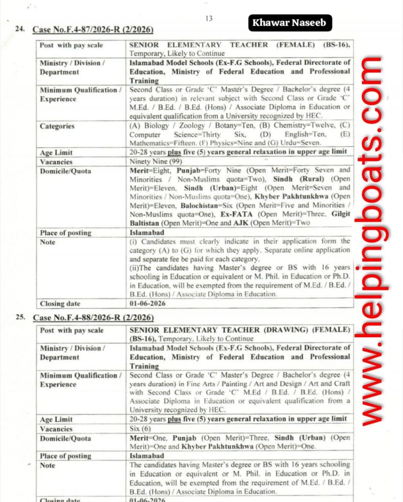 FPSC Senior Elementary Teacher (Female) BS-16 Jobs 2026 – Apply Online Before 1 June